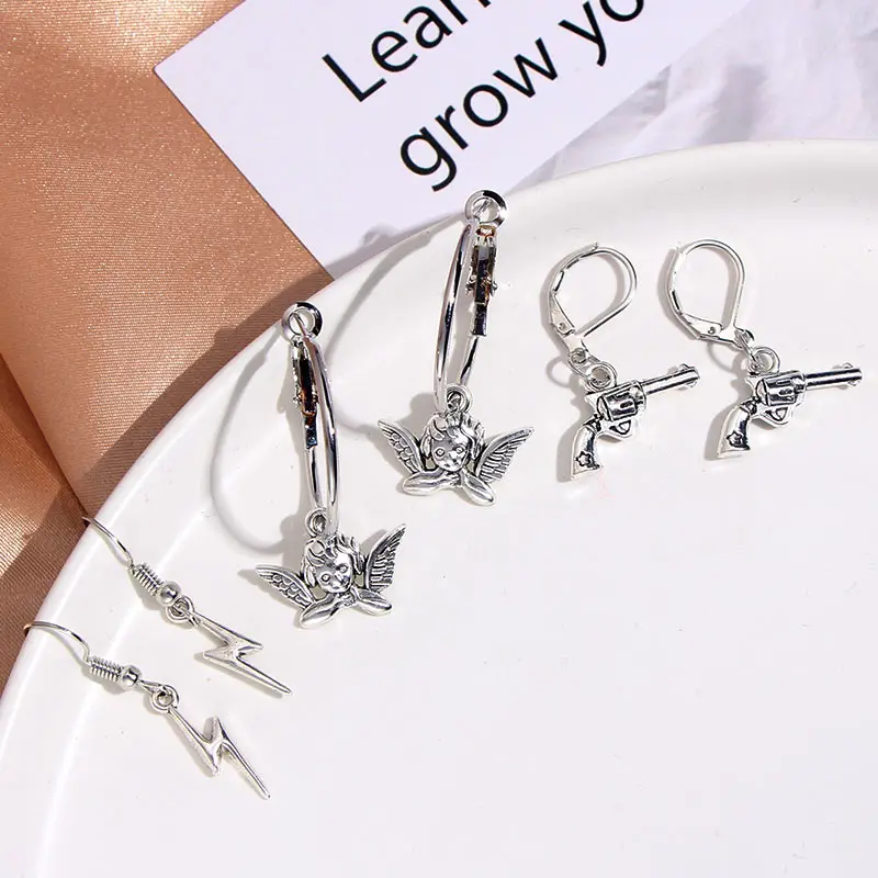 

Fashion Hip Hop Punk Jewelry Set Skeleton Skull Angel Dangle Earrings Personality Silver Color Metal Drop Earrings For Women