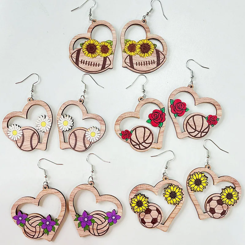 

Creative Hollowed Out Heart Sunflower Earrings Sports Soccer Basketball Rugby Wooden Textured Earrings