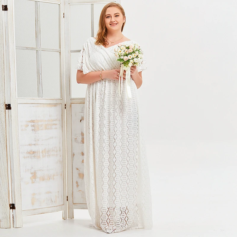 

2022 Summer Women Elegant White Lace Long Dress Plus Size Modest Wedding Dress Casual Party Dress