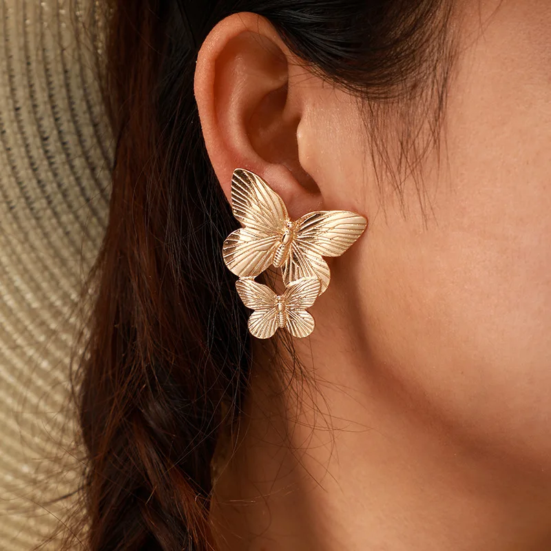 

Fashion Personality Butterfly Elements Accessories Color Drill Wing Jewelry Gold Double Butterfly Stud Earrings, Picture