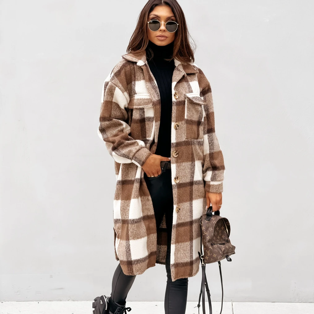 

Women's Casual Brushed Shacket Wool Flap Pocket Lapel Button Down Long Plaid Shirt Jacket Autumn Winter women's coats, 5 colors