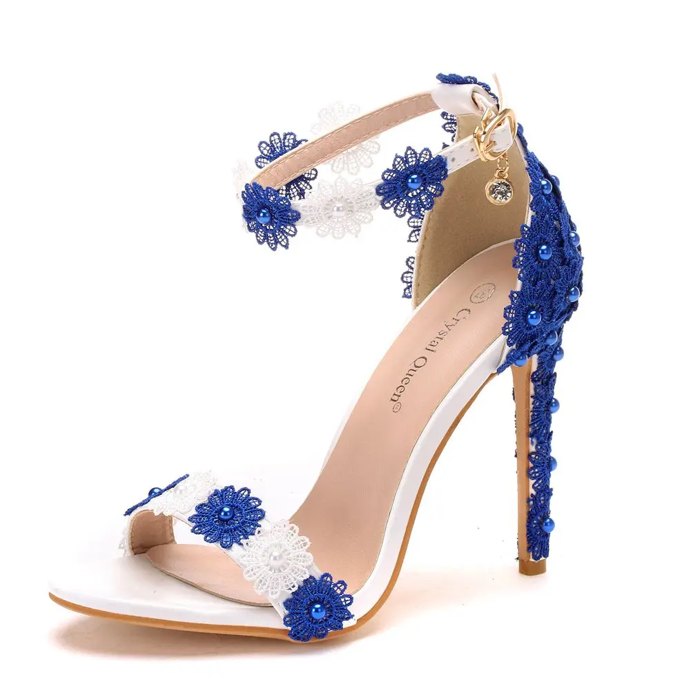 

Women Sandals White and blue Lace Fine High Heels Slender Bridal Sandals Wedding Shoes Peep Toes Buckle Strap