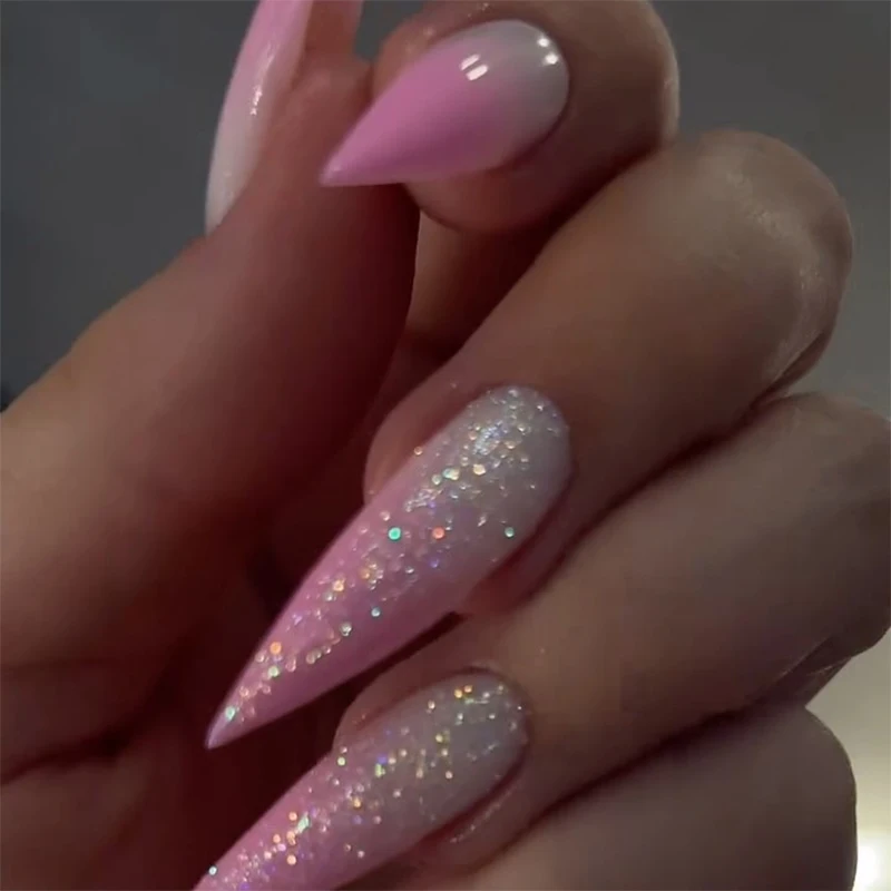 24 Pcs pink Gradient Long Pointed Nail Art Acrylic Press on Nails Artificial Fingernails False Nails 3589