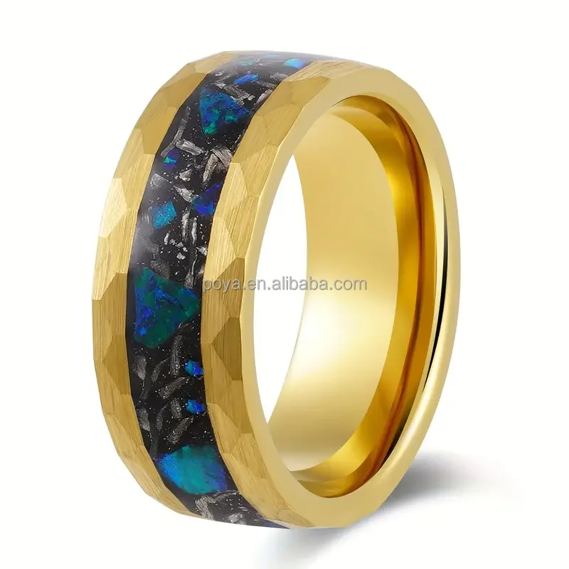 POYA 8mm Gold Tungsten Ring Hammered with Opal Meteorite and Gold Leaf Inlay for Men's  Promise Ring or Anniversary Gift