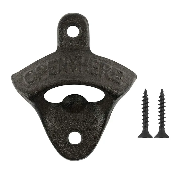 

Wholesale Custom Rustic Antique Open Here Cast Iron Kitchen Mount Hardware Wall Mounted Bottle Opener, Black