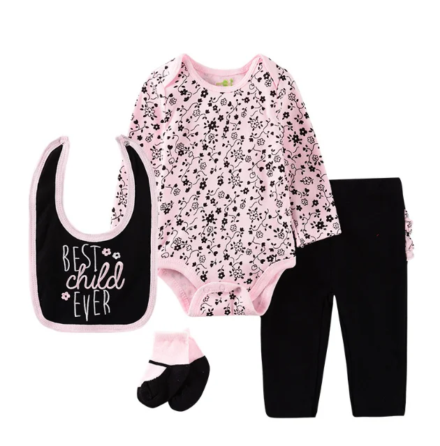 Baby Girl Clothes Set 100 Cotton Pink And Black Color 4 Pcs High