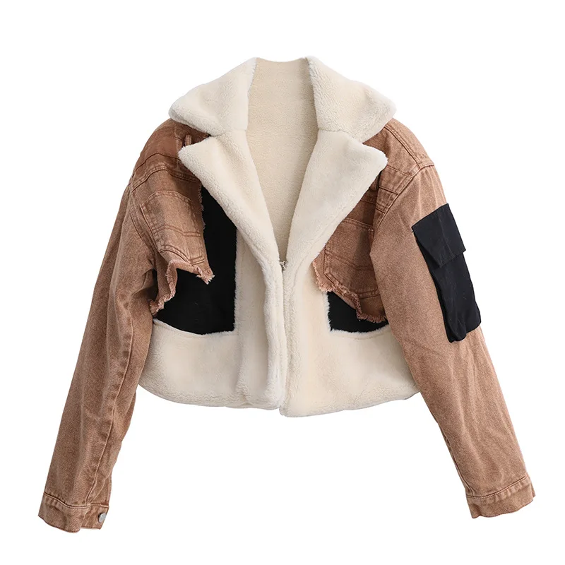 

2021 Best selling short denim winter jacket women brown wool cropped jean jacket faux fur coats for ladies, Blue