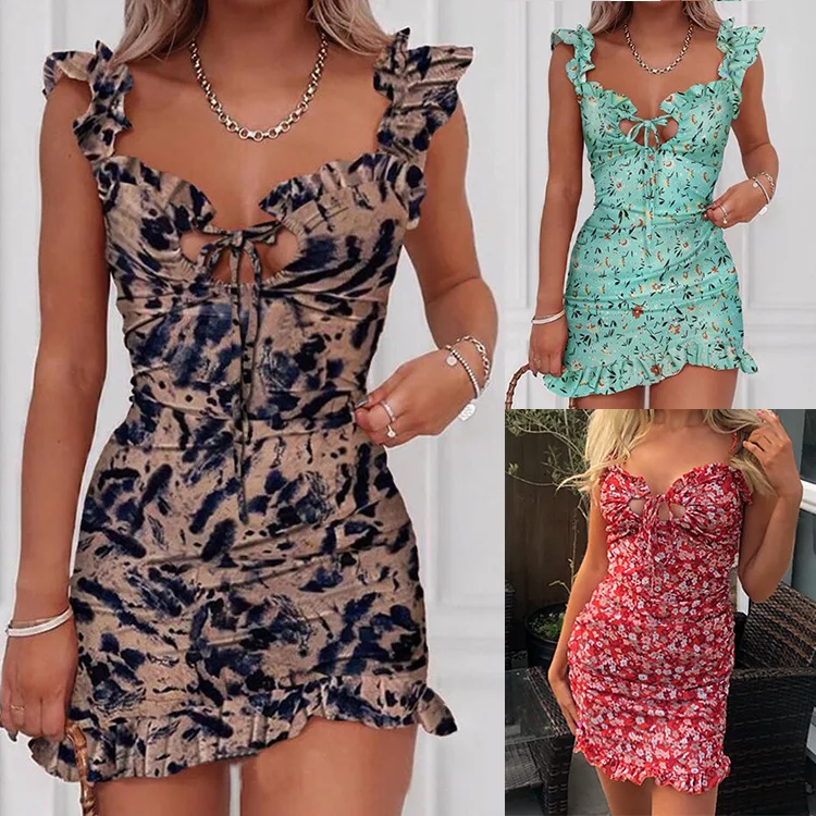 

S-3XL ladies plus size floral printed mini sleeveless tight fit casual short sweet ruffled summer dresses