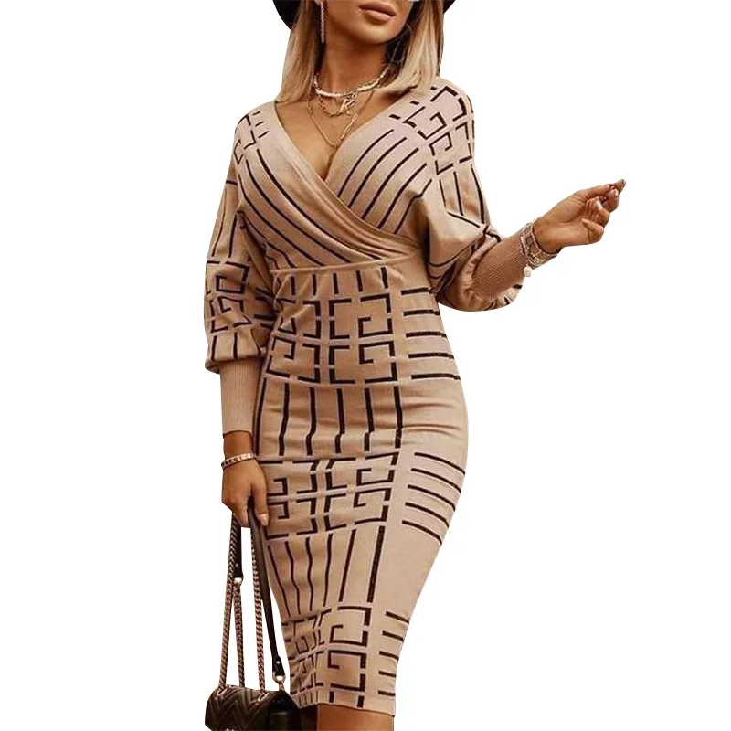

2021 New Arrivals Fashion Stripe V-neck Long Sleeve High-waisted Knit Dress, Picture color