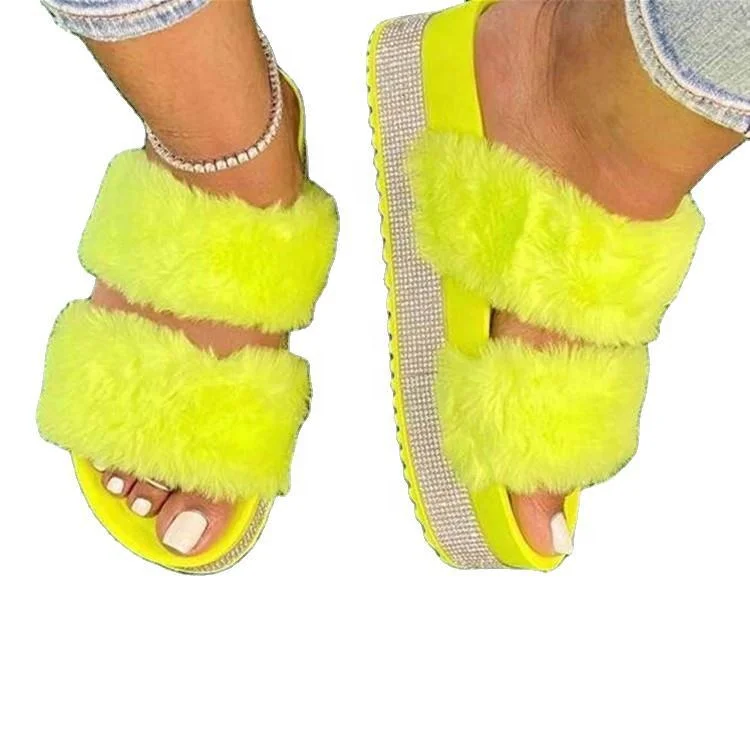 

Trendy women platform shoes 2020 new fluffy furrry faux fur slipper sandals, 4 color options
