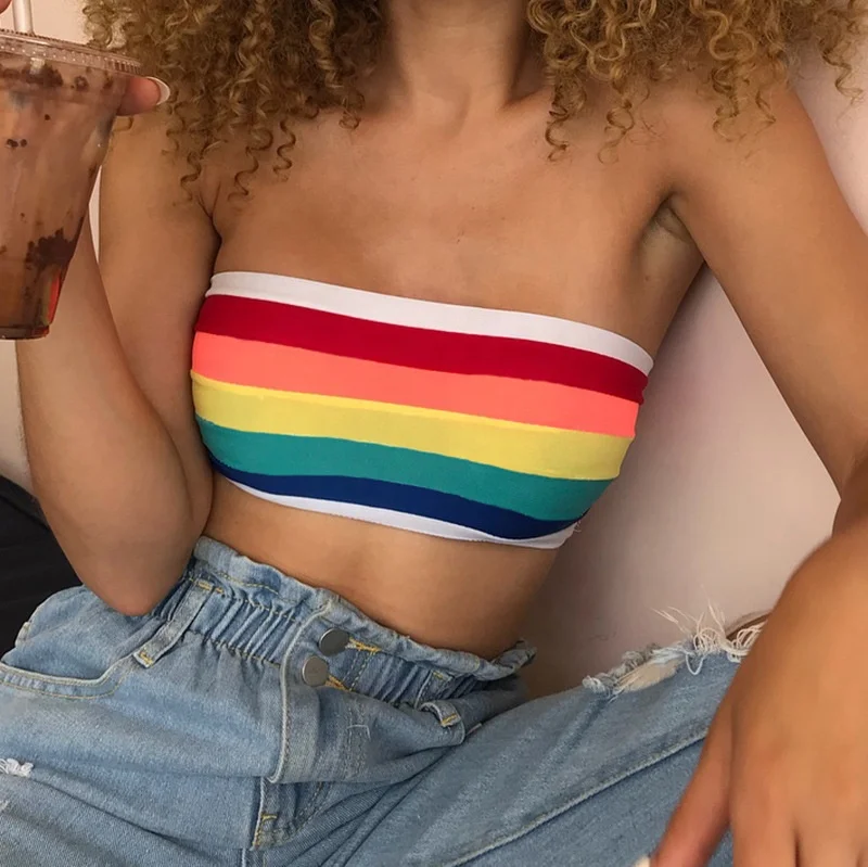 

2021 New Womens Rainbow Colorful Striped Crop Top Striped Color Bra Tube Tops