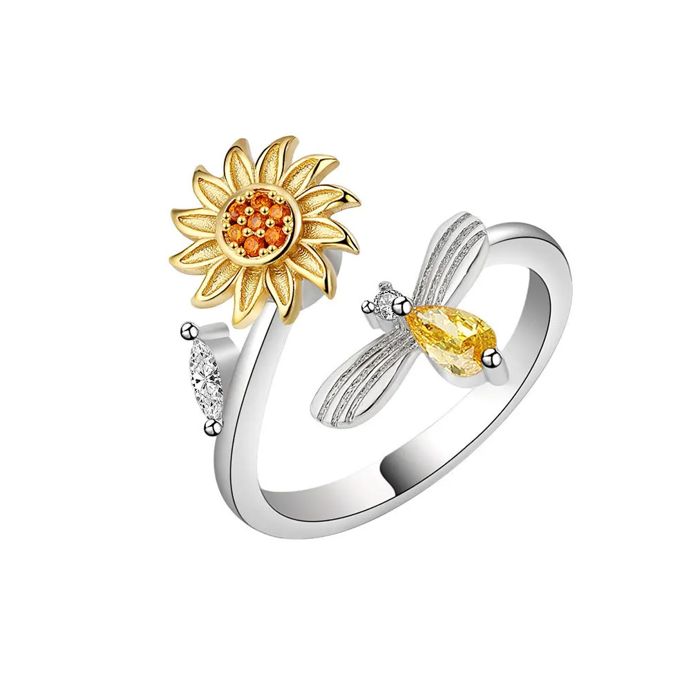 

S925 Sterling Silver Jewelry Open Adjustable Size Sunflower Design Fidget Spinner Anxiety Rings