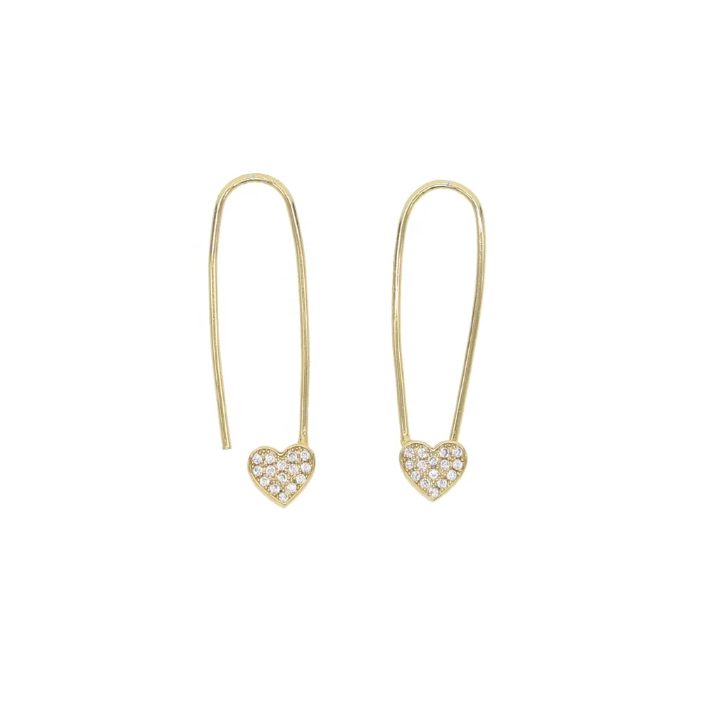 

micro pave white cz Heart shape safety pin earring for women Gold filled unique 2021 new arrived jewelry