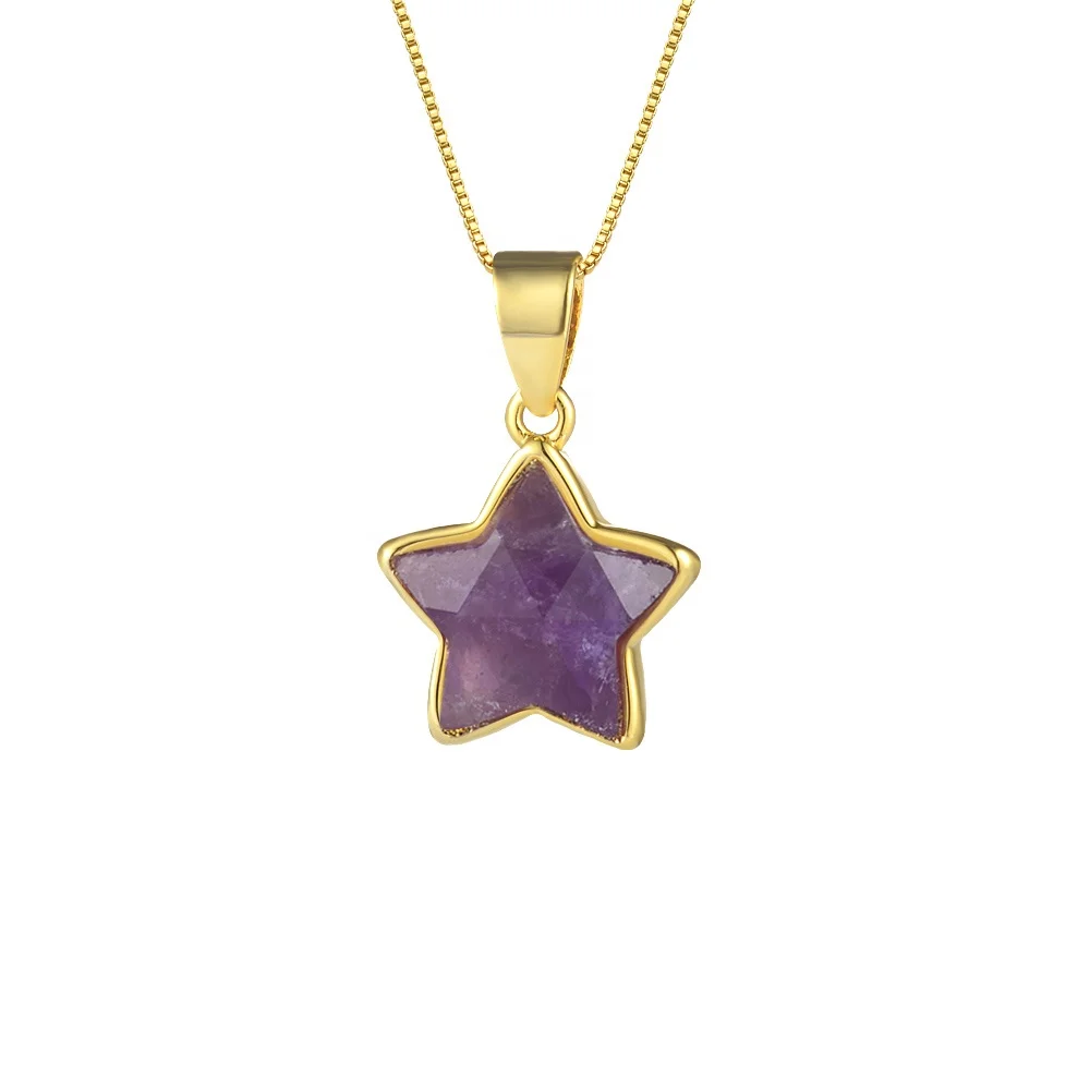 

2021 New Design Natural Stone Star Shaped Faceted Cut Amethyst Pendant 18k Gold Necklace, 100% natural color