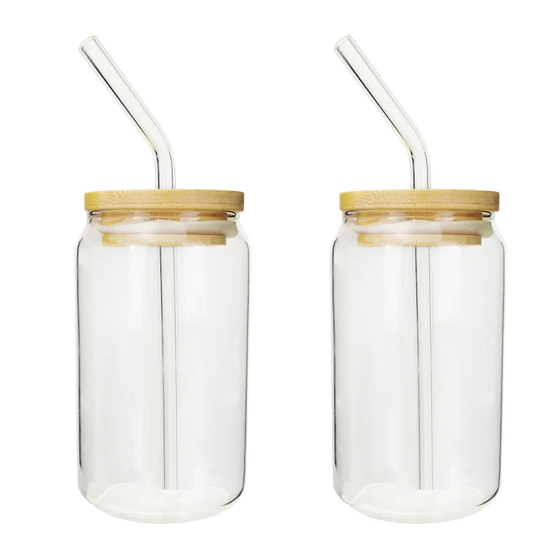 

16oz Can Shaped Glass Cups Bamboo Lid Glass Tumbler with Straw, Clear