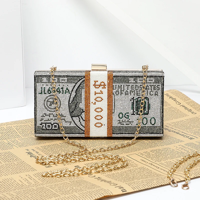 

Luxury $100 Dollars Rhinestone Crystal Money Bag Clutch Evening Bag Purse Crystals Bling Money Bag Rhinestone Money Purse