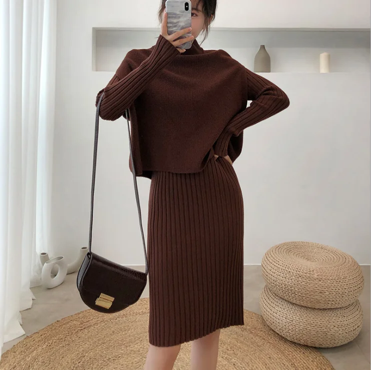 

Winter women casual knitted skirt sweater two-piece set