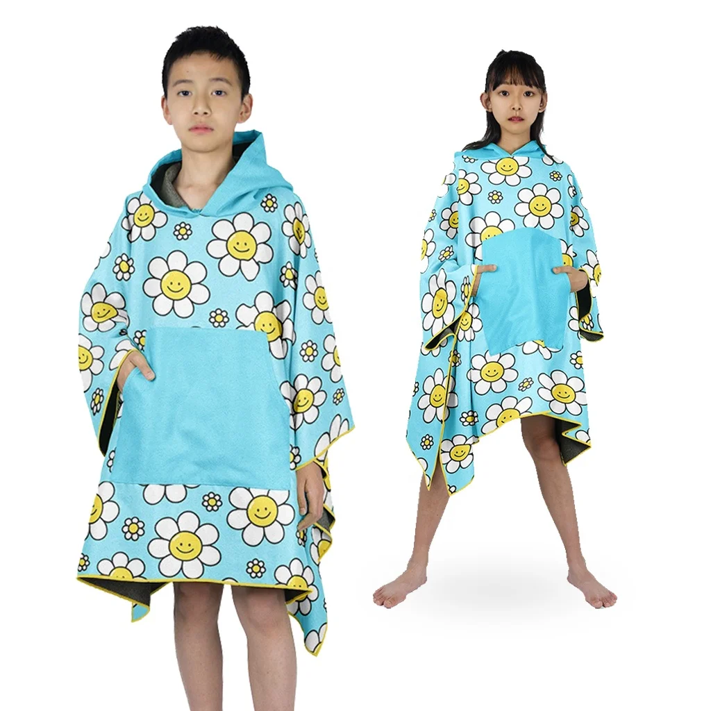 Wholesale Custom Microfiber Kids Hooded Poncho Quick-Dry and Compressed Beach and Surf Changing Towel for Outdoor Bathroom Use