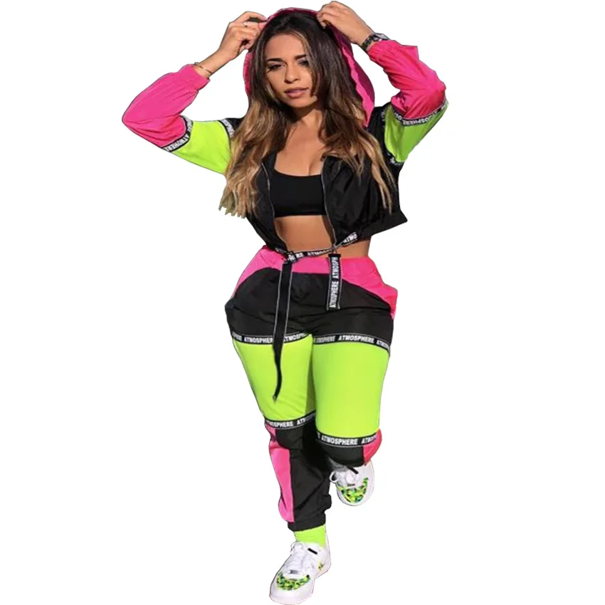 

2021 New arrivals In Stock women sexy hood long sleeve Contrast top and pants casual two piece set