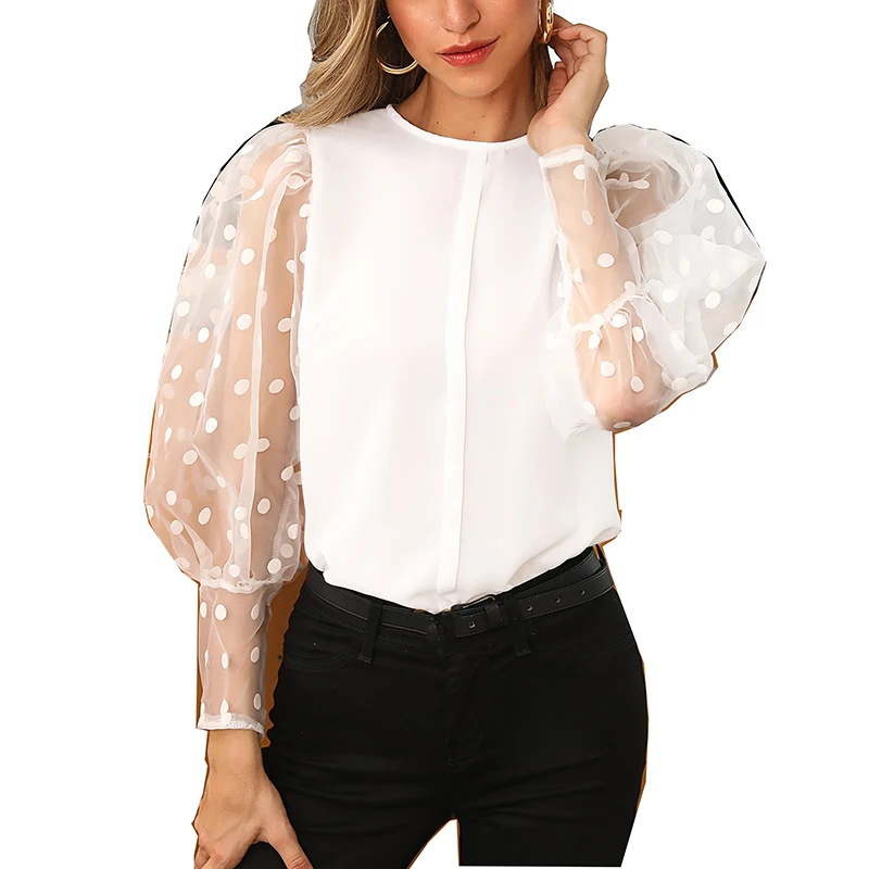 

Wholesale 2019 Women White Blouse Sexy Puff Long Sleeve Tops Female Tunic Summer Casual Shirts, White, pink, black