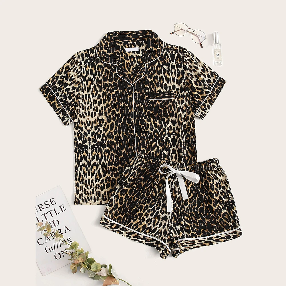 

Turn down collar sexy leopard high quality cotton thai pyjamas sleepwear lounge wear pajamas shorts set cute pijamas of women