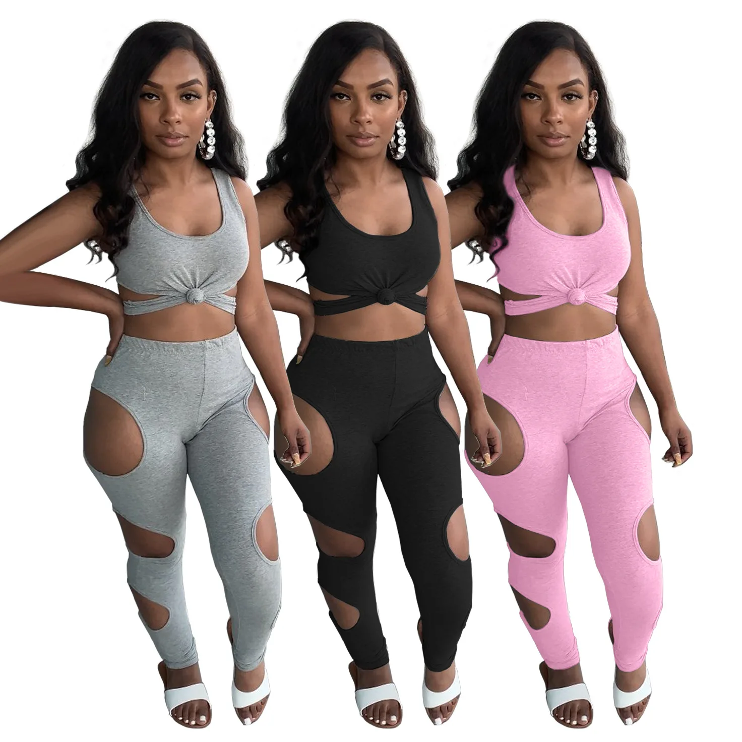 

DUODUOCOLOR 2021 hot style fashion casual broken hole vest tracksuit two piece pants set solid color hollow out clothes D10741