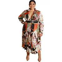 

Printed Satin Pleat Dress 5XL Plus Size Casual Ladies Clothing Women Long Dress with Belt