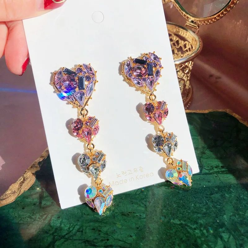 

Korean New Shiny Sweet Purple Pink Crystal Love Heart Long Drop Earrings For Women Fashion Holiday Party Jewelry