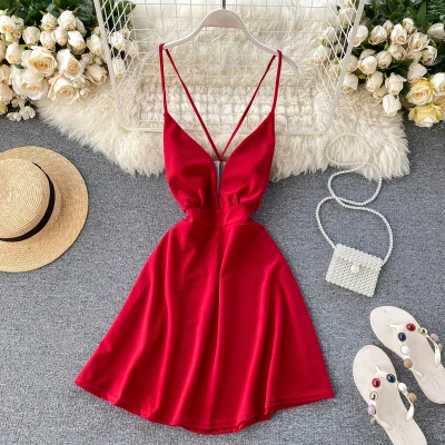 

Women Sexy Deep V Neck Backless Beach Bandage Mini Dress
