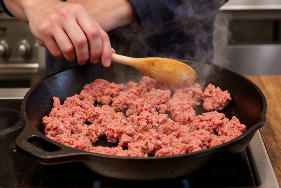 Professional chef browning ground beef in cast iron skillet for crock pot chili recipe