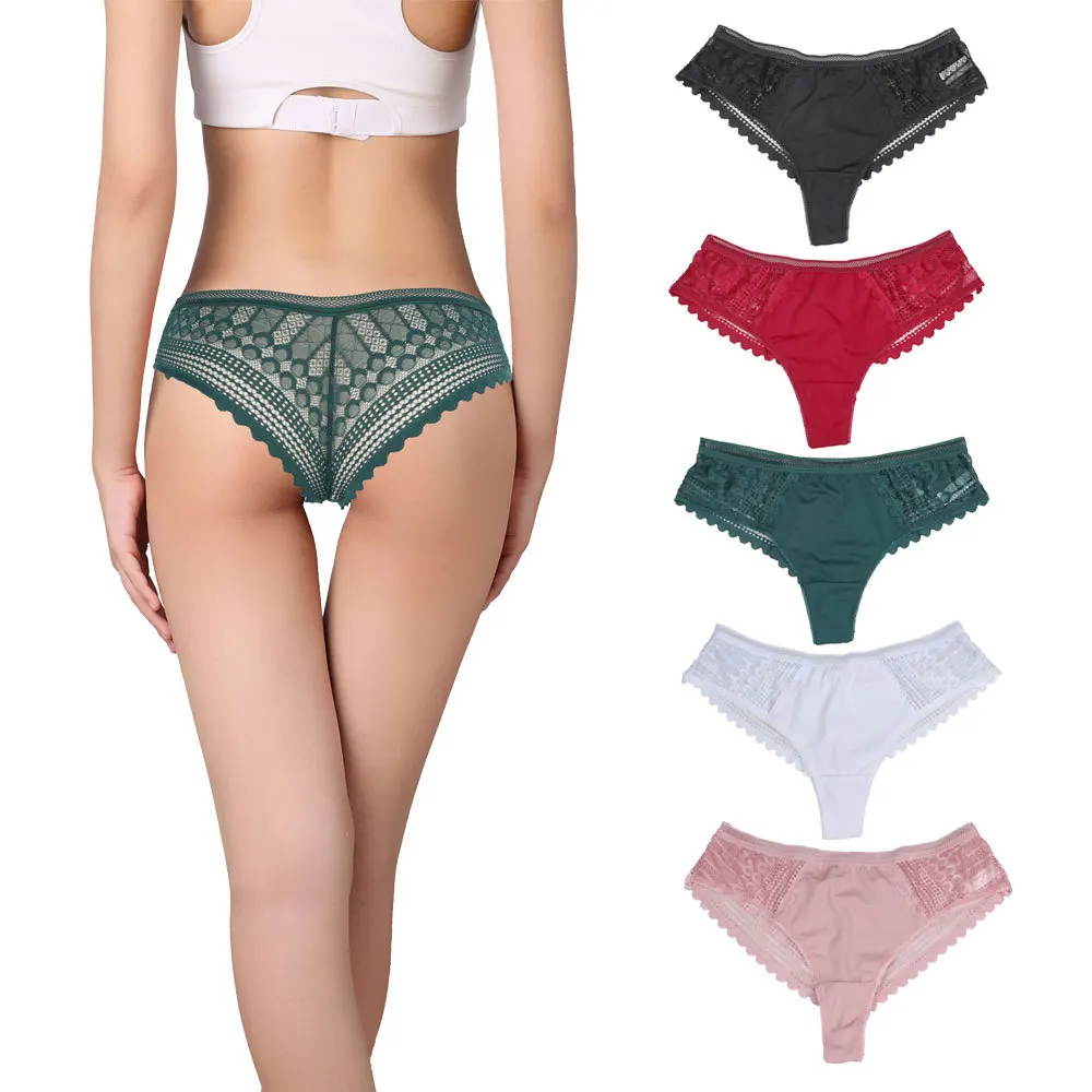 

Wholesale cheap medium low waist women's thong bikini low waist T underwear sexy ice silk lace hollow briefs