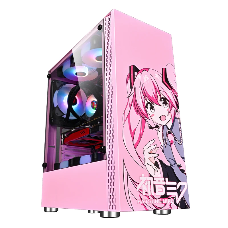 

2022 ATX Mid-Tower anime Chassis Gaming side transparent PC Case RGB Fans and USB3.0 game custom lovely case