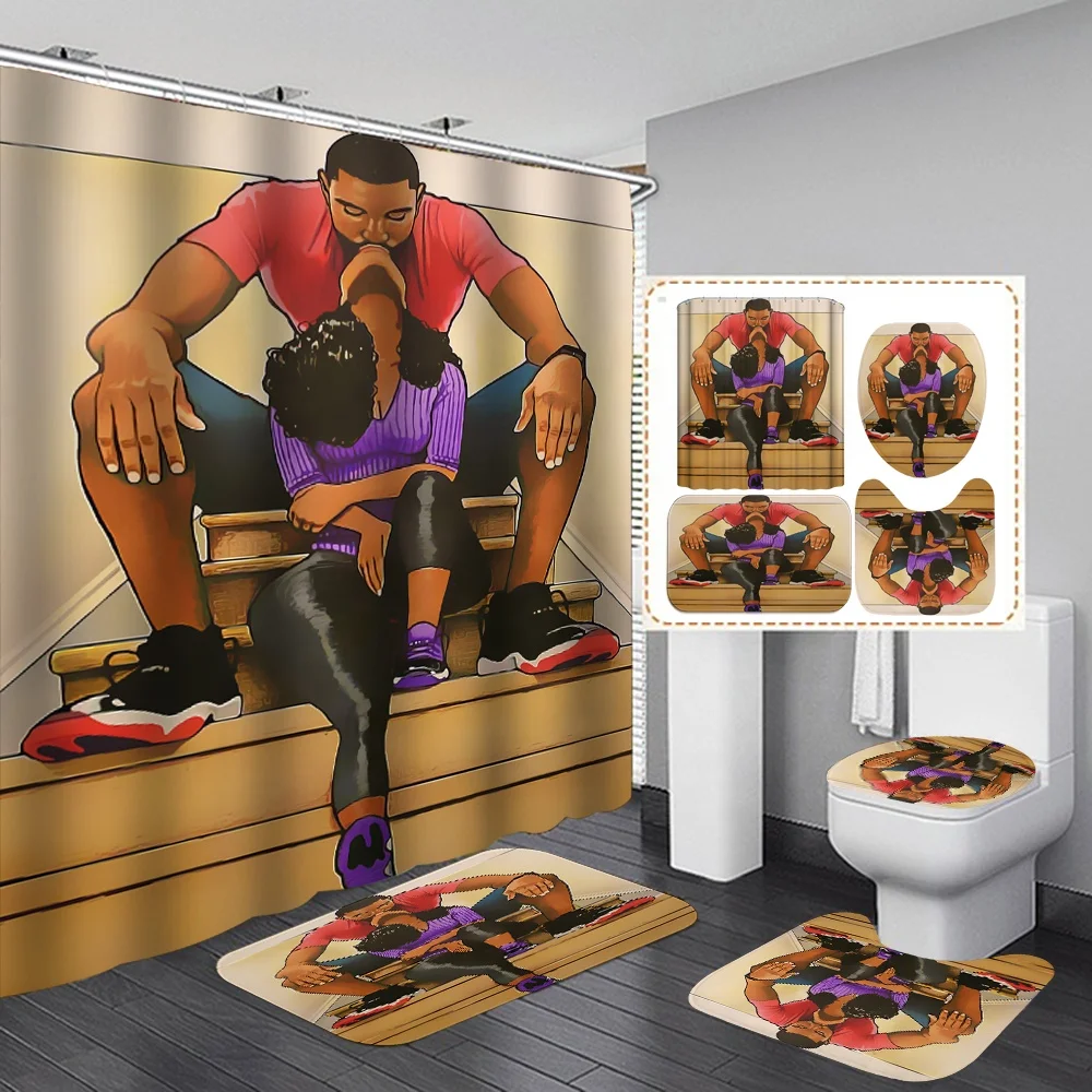 

African Strong Man Sexy Girl Lovers 4 pcs Bath Mats Men Bathroom Sets Shower Curtain with Non Slip Rugs Toilet Lid Cover