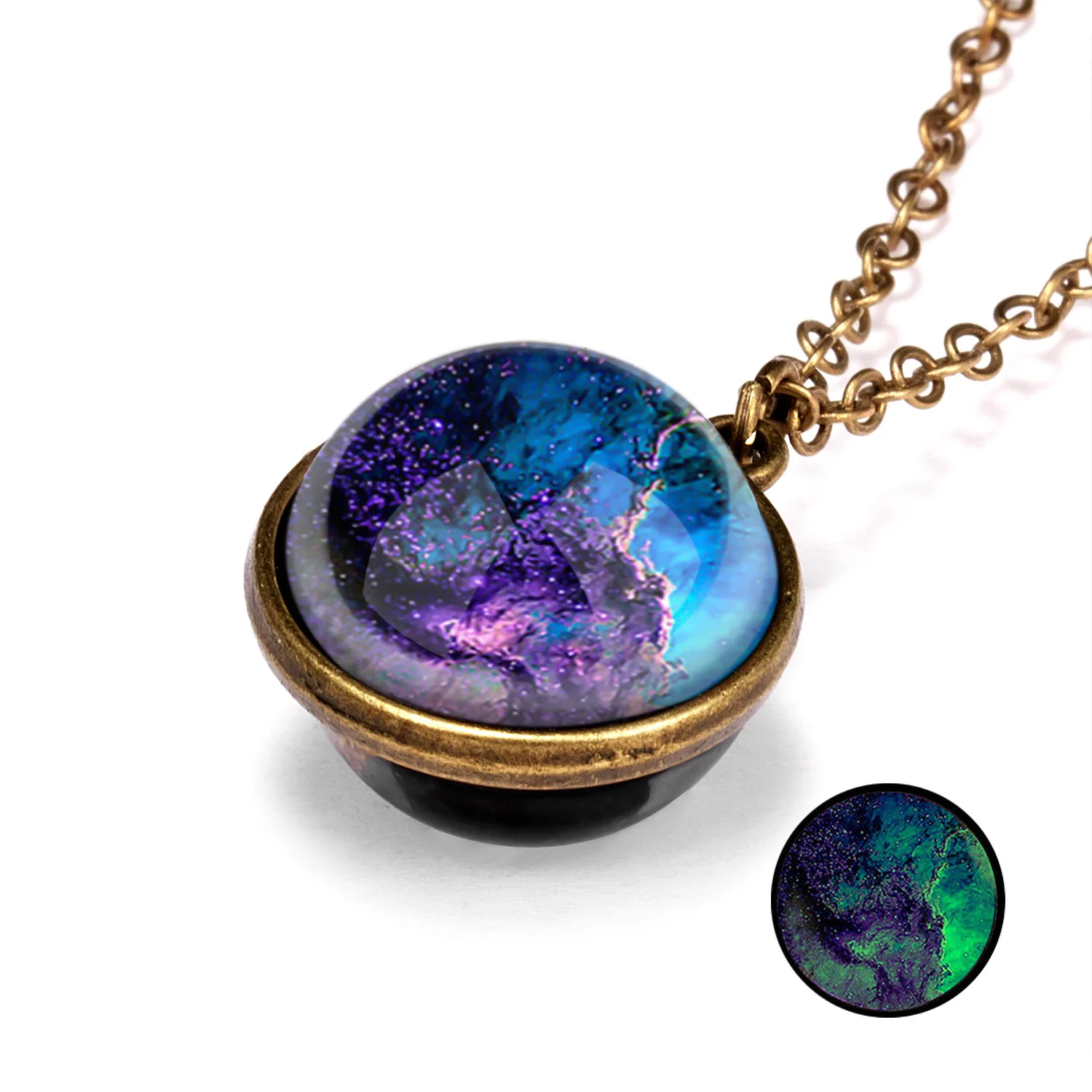 

Universe Glass Cabochon Double Sided Pendant Necklace Galaxy Nebula Universe Outer Space Fashion Rope Jewelry, Bronze