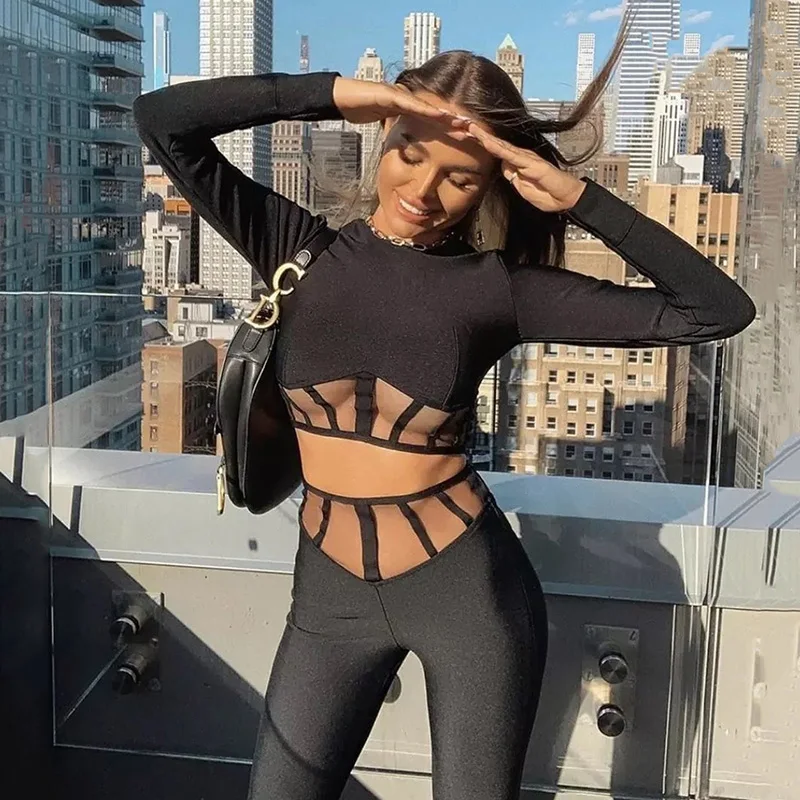 

C2273 Black Long Sleeve Bodycon Tops Pants Mesh Bandage Two Piece Set Women Clothing Wholesale