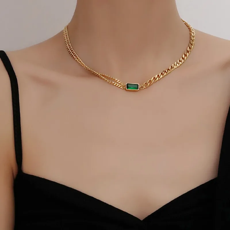 

Green Rhinestone Double Chain Necklace 18 k gold plating choker for Women girls