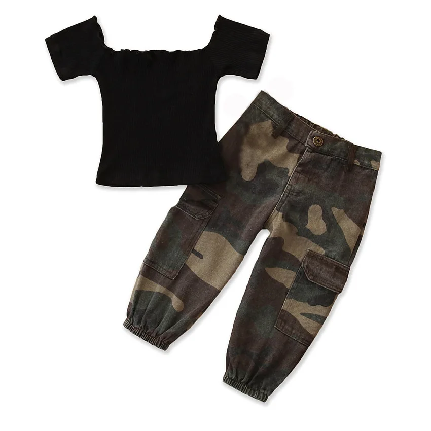 

Wholesale black short sleeve top camo print pant two piece fashion childrens clothing sets, As picture show