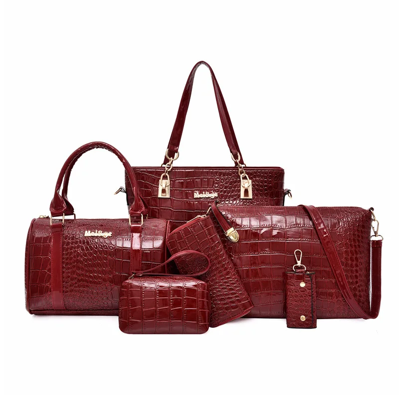 

Wholesale Womens 6 Pcs n 1 set Handbag Luxury Crocodile Clutch Top Handle Totes Satchels Crossbody Wallet Ladies Fashion Bag, Red,black,brown
