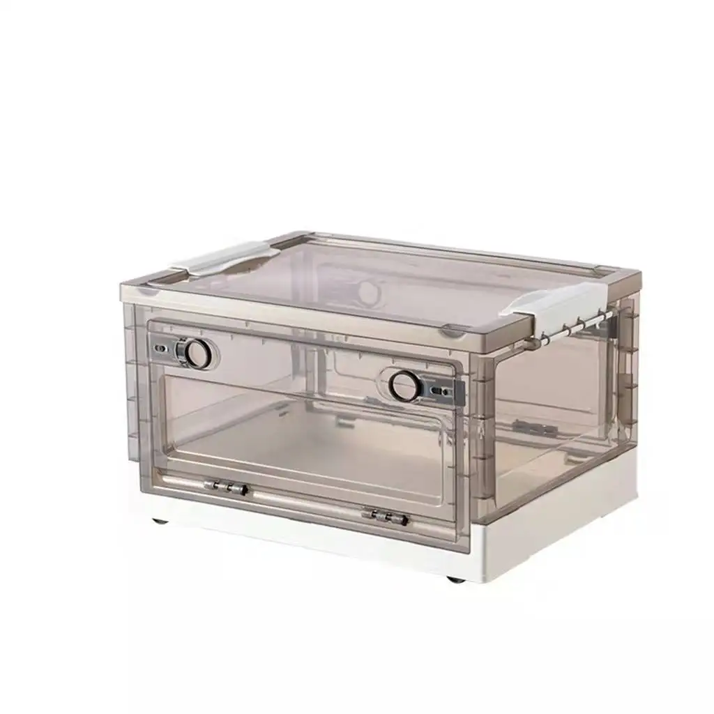

tan transparent plastic foldable storage box for books toys snacks stackable storage box with wheels