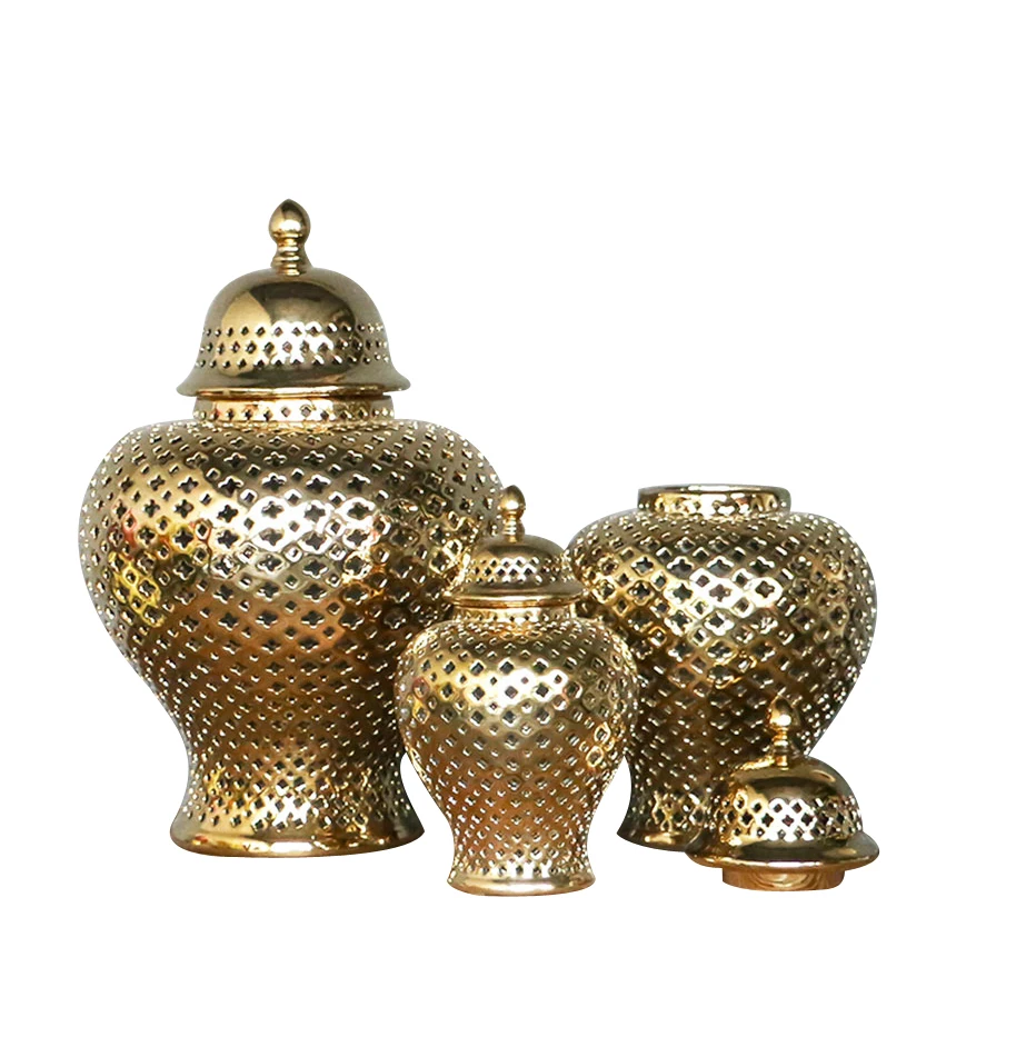 

Factory Wholesale Chinese Gold Plating Hollow Out Ceramic Temple Jar for Home