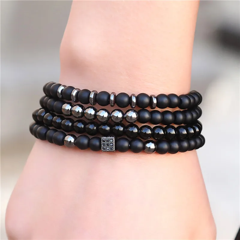 

Elastic 4Pcs/set Black Matte Stone Beaded Bracelet Black Agate Gemstone Healing Stone Beads Bracelet for Men