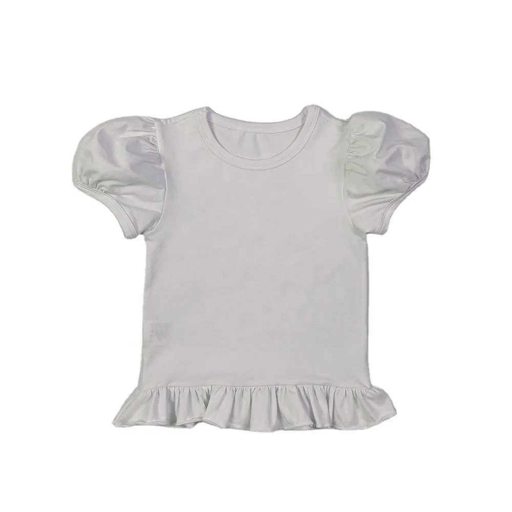

Customized Children Clothes Blank White Cotton Girls Puff Short Sleeve Ruffle T shirts Summer Kids Tops for Girls, Picture