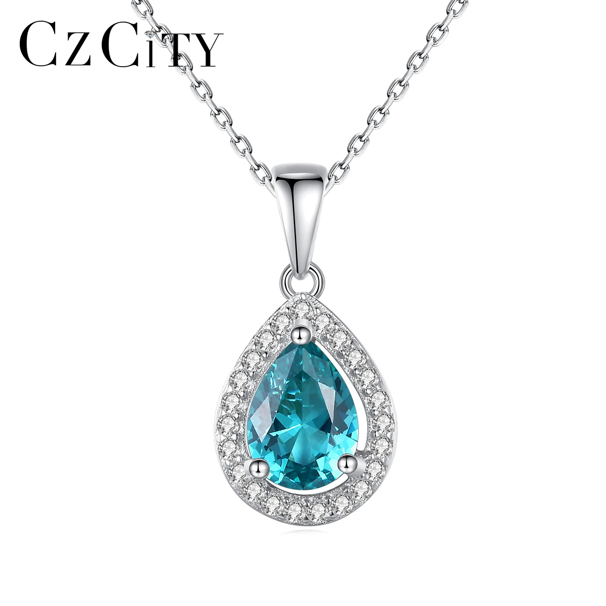 

CZ Pave Bold Pear-Shaped Teardrop Pendant S925 Sterling Silver Link Chain Emerald Gemstone Necklace