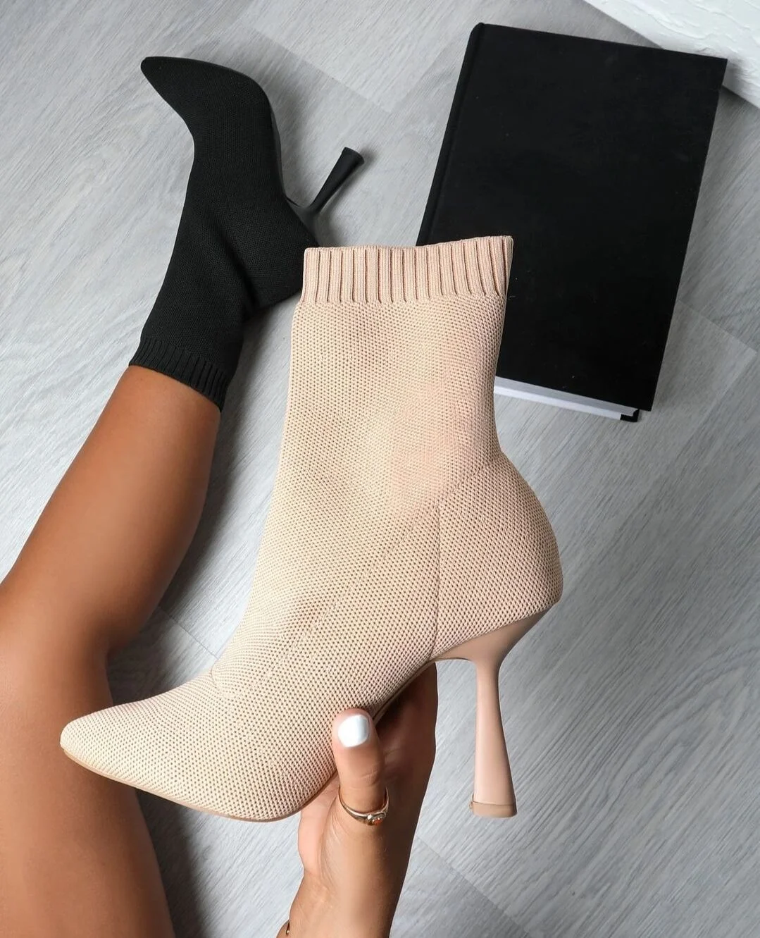 

LE SLIDES Womens Fall Boots Shoes High Quality Refine Women Boots Heels Sexy Ladies Beige Knit Pointed Sock Ankle Boots, Beige black