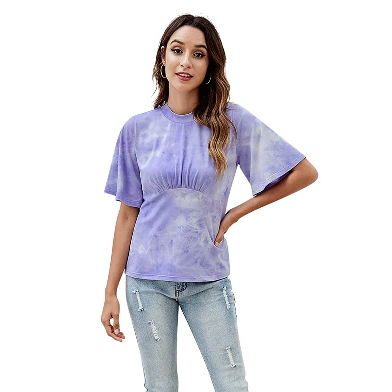 

New Women's Short Sleeve T Shirt 2021 Summer Thin Tie-dye Casual T Shirt Bottom Top Fashion Slim Round Collar Versatile Top
