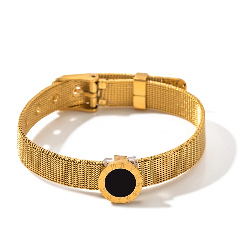 

New Arrival Gold Color Stainless Steel Adjustable Strap Wide Belt Black Acrylic Round Rome Watch Shaped Bracelet