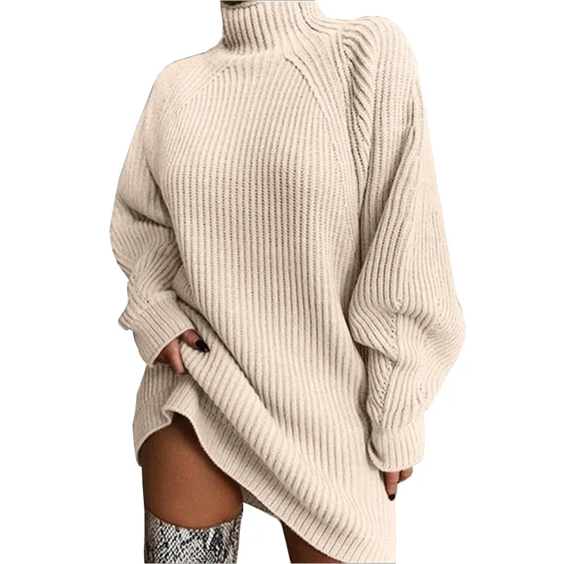 

2021 Winter Oversized Plus Size Sweater Dress Sexy Plain Color Ribbed Turtleneck Knit Midi Wrap Pullover Women Sweater Dresses