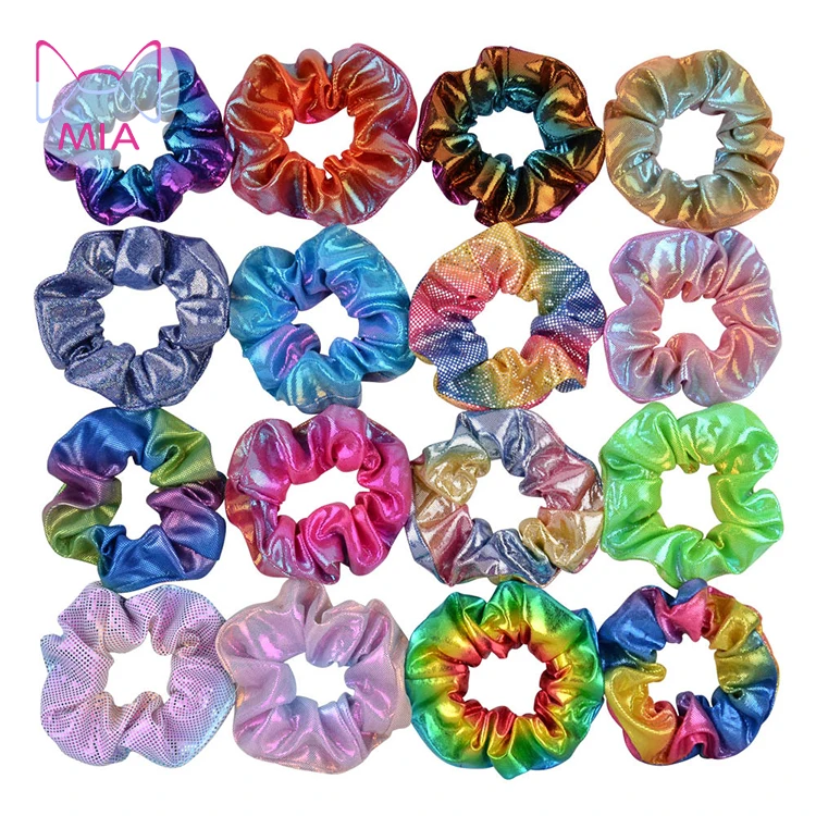 

free shipping Amazon Hot Fashion Colors Laser Metallic Gradient Rainbow Color Elastic Hair Scrunchies Ladies hair accessories, Picture shows