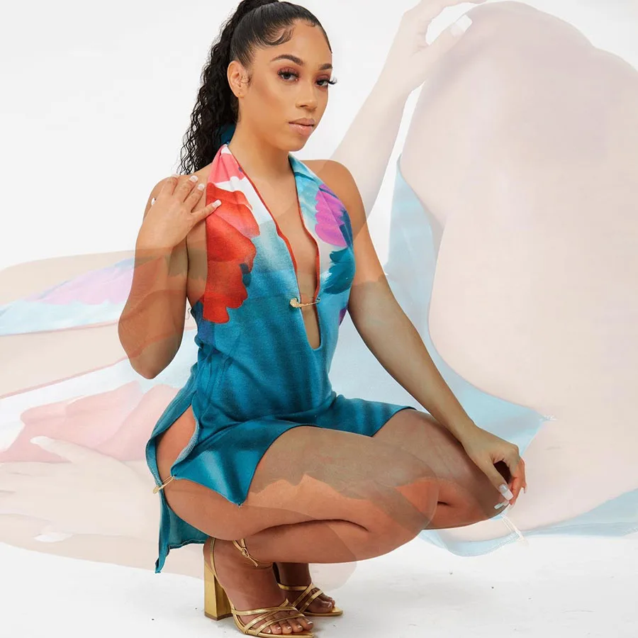 

Kliou K21D01054 Summer Printed Skinny Backless Dress Women's 2021 Fashion Backless Party Deep V Neck Sexy