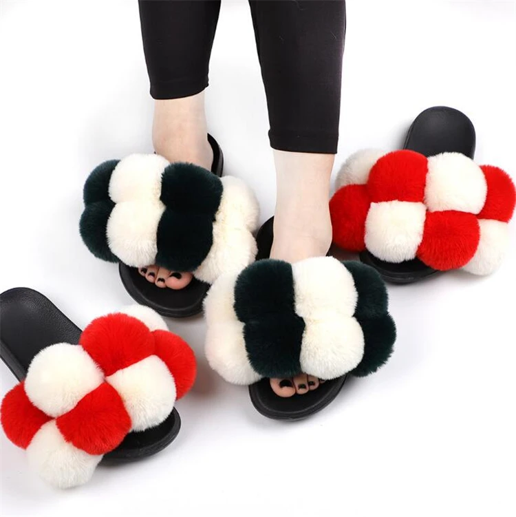 

High Quality 2021 Latest Summer Home Fur Slippers Shoes Ball Furry Sandals Female Fluffy Mink Big Pom Pom Fur Slides Women, As pictures or customized colors